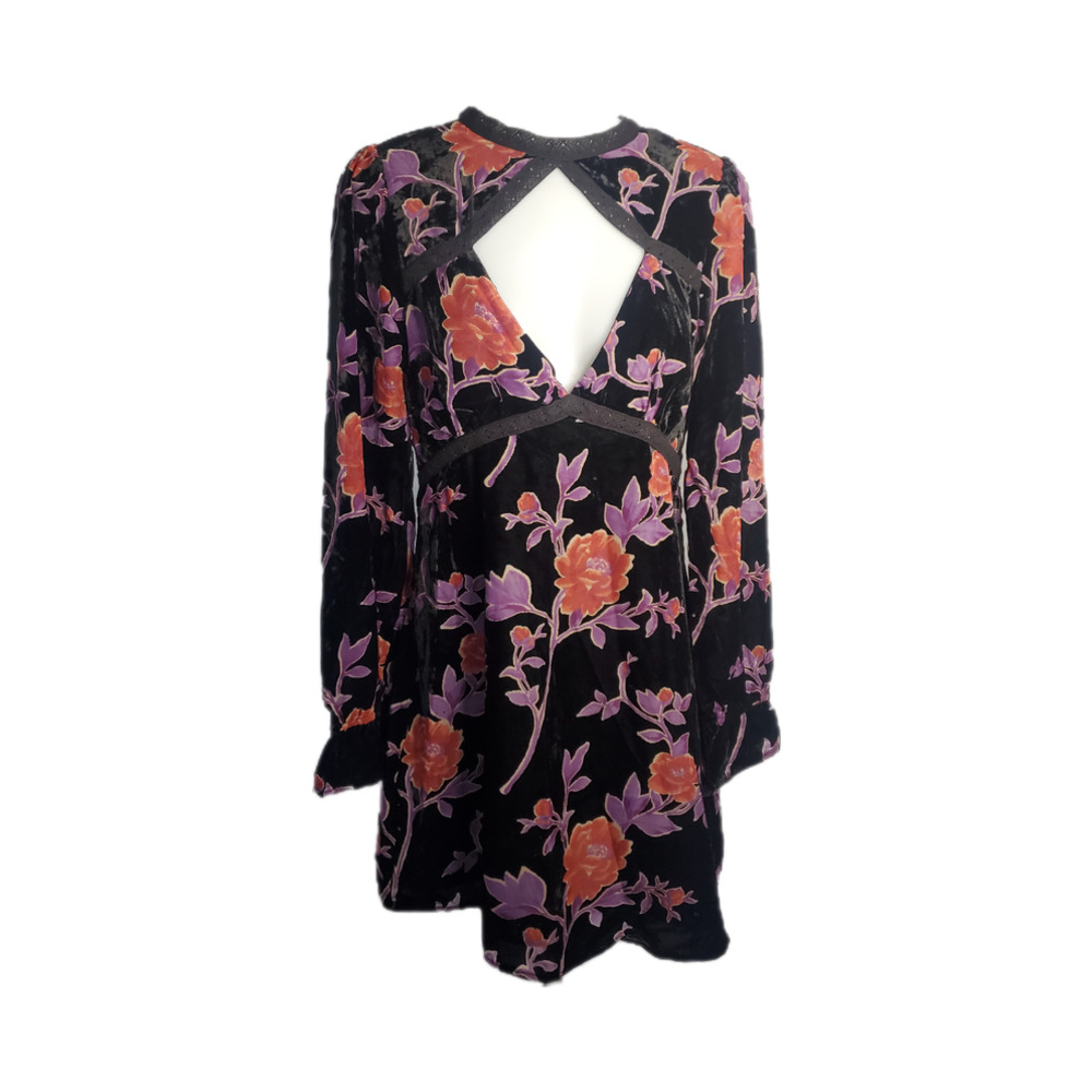 Forever 21 black/multicolor floral velour long sleeve mini dress sz Large
